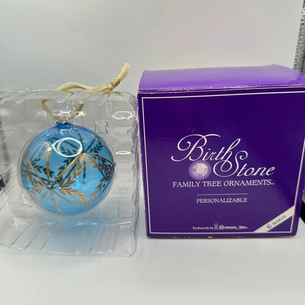 Roman Inc March Birthstone Family Tree Ornament Blue Glass Gold Hand Painted 3